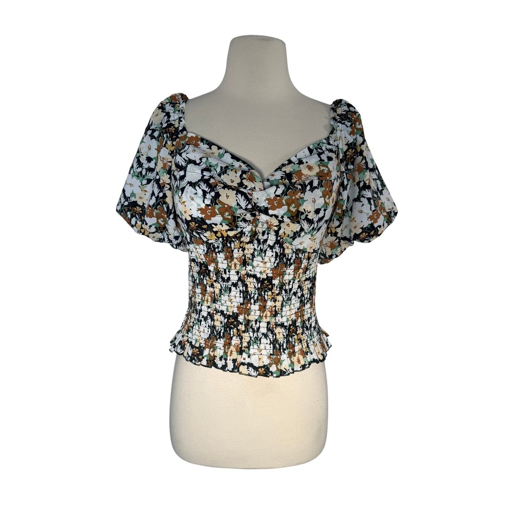 Dorose Floral Smocked Puff Sleeve Blouse Sweetheart Neckline Botanical‎ Top SZ M